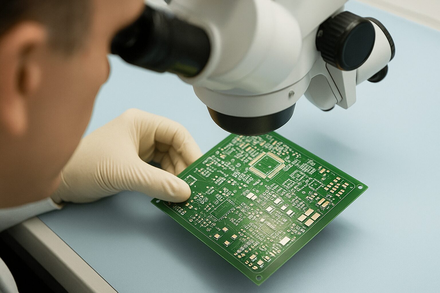 Close inspection of a printed circuit board under a microscope