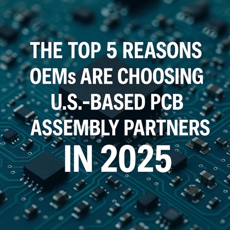 Graphic showing PCB board with text Top 5 Reasons OEMs are choosing US Based 2025