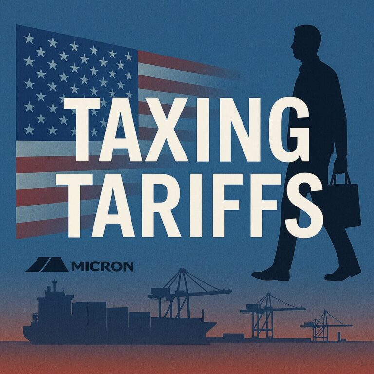 Taxing Tariffs series artwork with the American flag and international shipping.