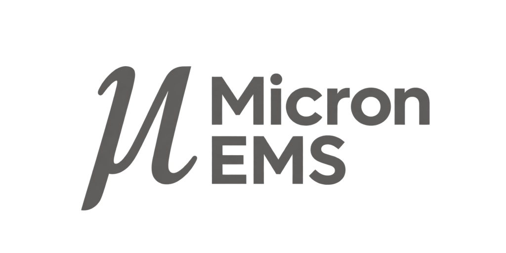 Micron EMS gray logo with the Greek letter mu