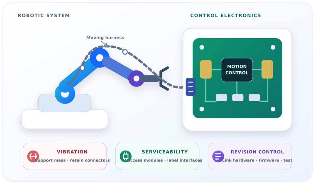 Robotic arm, moving harness, and controller board illustrating vibration, serviceability, and revision control priorities.